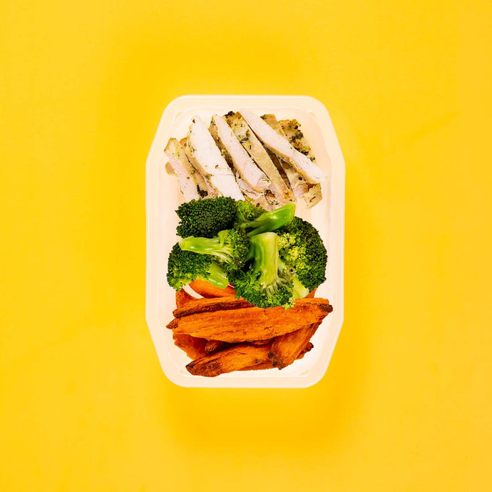 150g Garlic Herb Chicken Breast 50g Broccoli 50g Sweet Potato Wedges