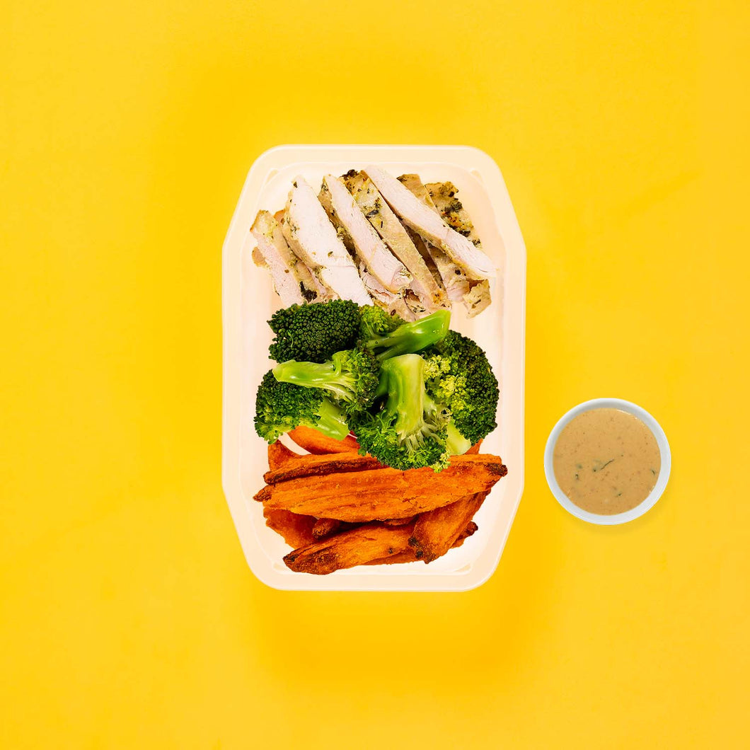 150g Garlic Herb Chicken Breast 50g Broccoli 50g Sweet Potato Wedges Satay Sauce