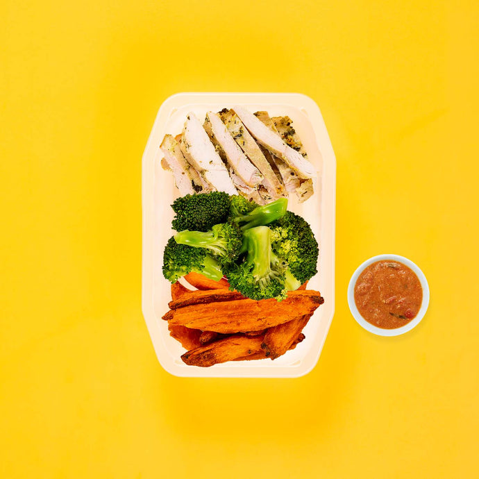 150g Garlic Herb Chicken Breast 100g Broccoli 100g Sweet Potato Wedges Thai Red Curry