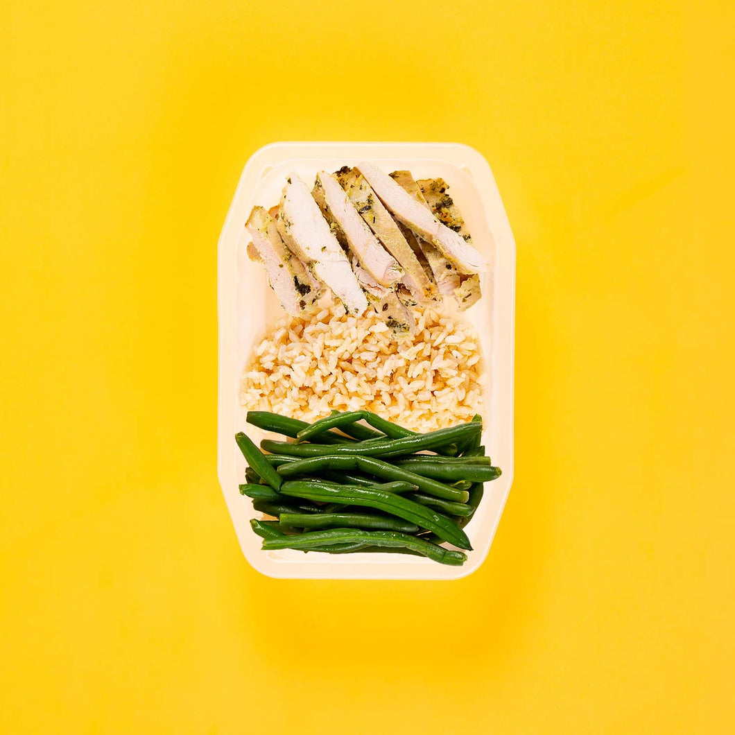150g Garlic Herb Chicken Breast 200g Brown Rice 50g Green Beans