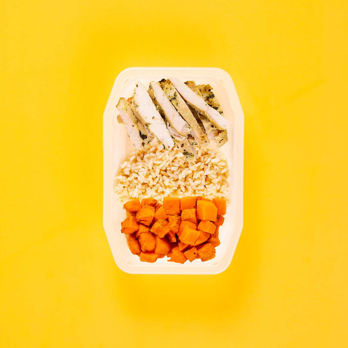 100g Garlic Herb Chicken Breast 100g Brown Rice 100g Rosemary Baked Sweet Potato