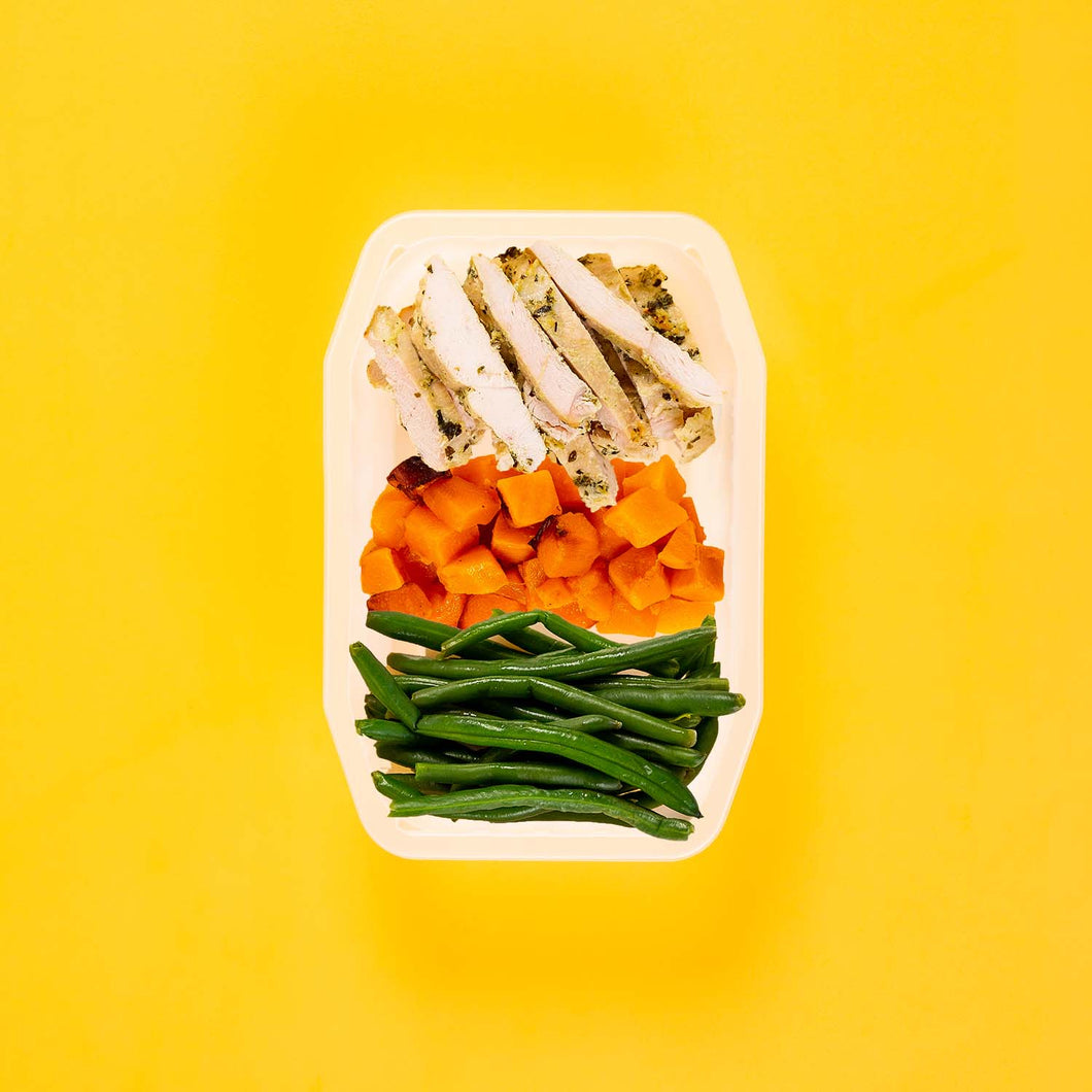 100g Garlic Herb Chicken Breast 100g Coconut Pumpkin 150g Green Beans