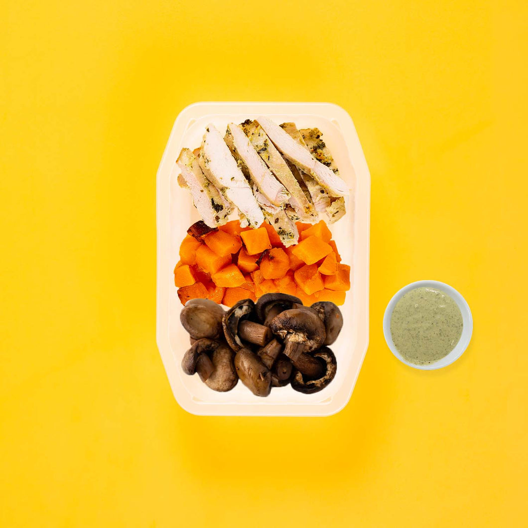 100g Garlic Herb Chicken Breast 100g Coconut Pumpkin 100g Mushrooms Pesto Cream