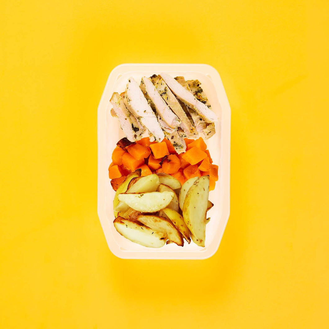 100g Garlic Herb Chicken Breast 100g Coconut Pumpkin 100g Roast Chat Potato