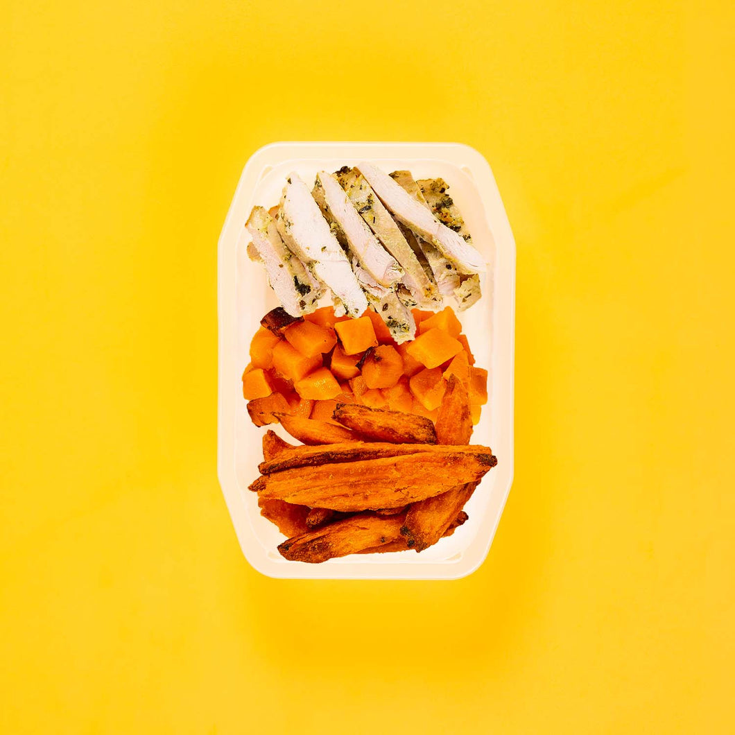 100g Garlic Herb Chicken Breast 100g Coconut Pumpkin 100g Sweet Potato Wedges