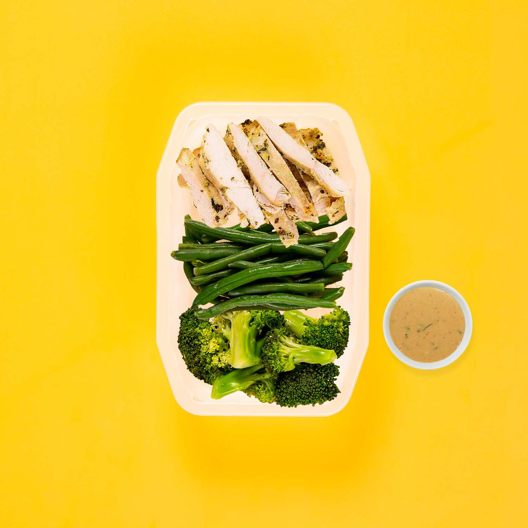 150g Garlic Herb Chicken Breast 150g Green Beans 150g Broccoli Satay Sauce