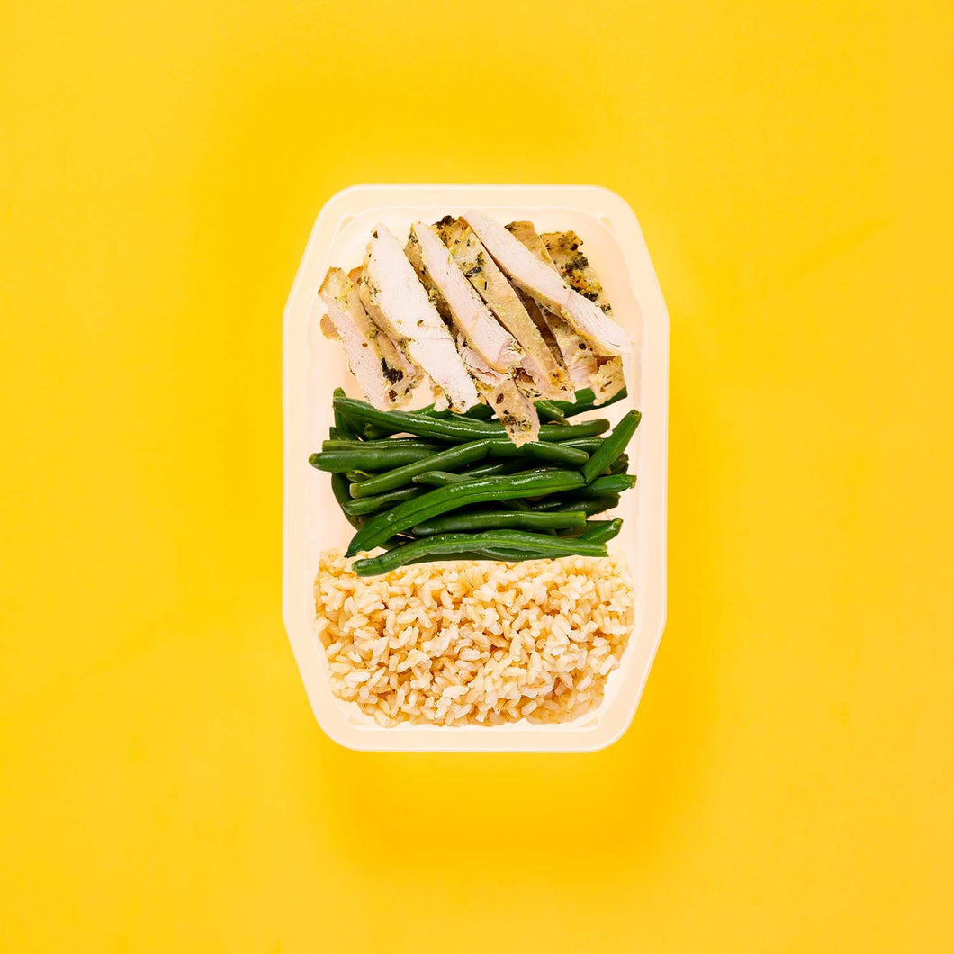 150g Garlic Herb Chicken Breast 150g Green Beans 100g Brown Rice