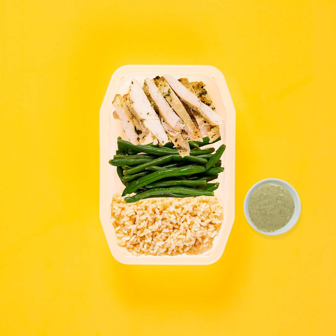 100g Garlic Herb Chicken Breast 100g Green Beans 100g Brown Rice Pesto Cream