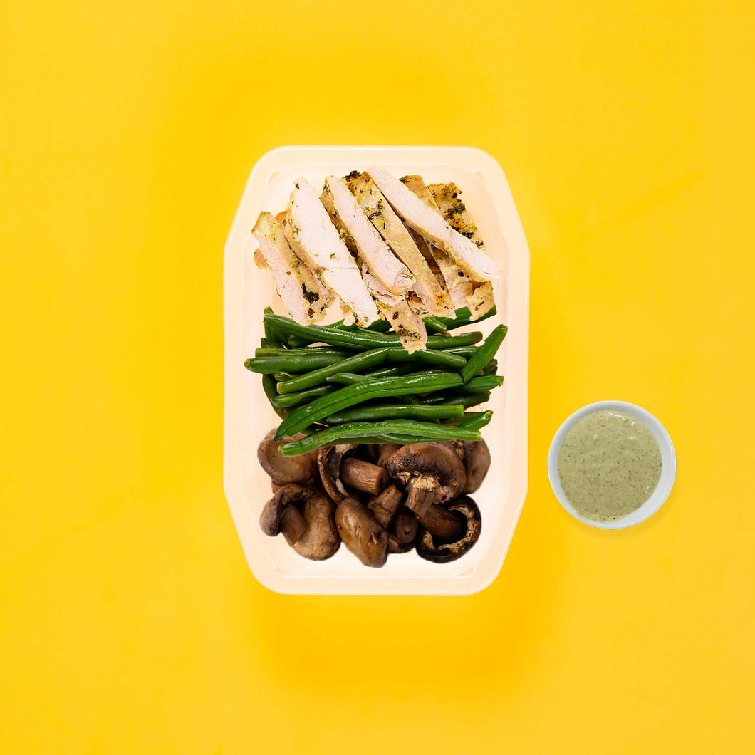 100g Garlic Herb Chicken Breast 100g Green Beans 100g Mushrooms Pesto Cream