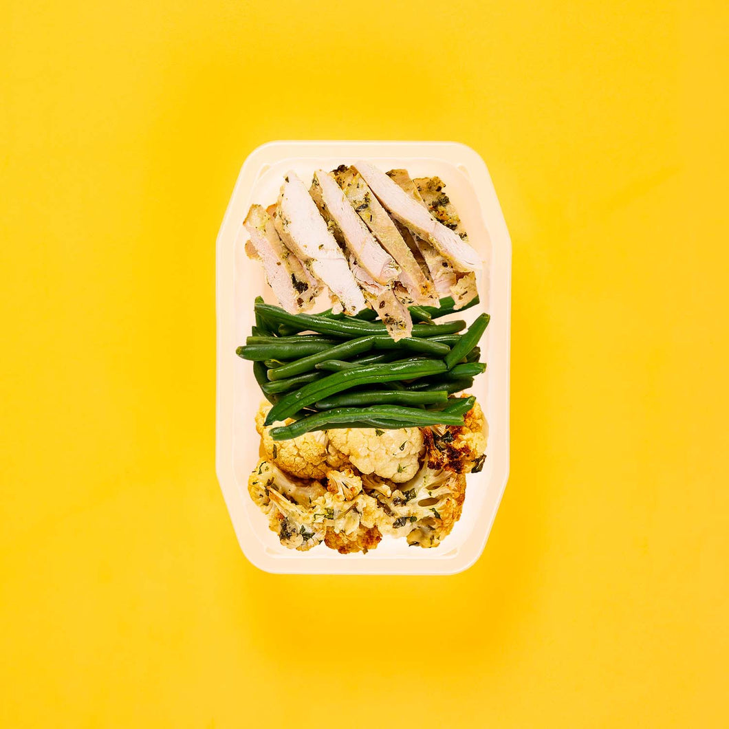 100g Garlic Herb Chicken Breast 100g Green Beans 100g Parmesan Cauliflower