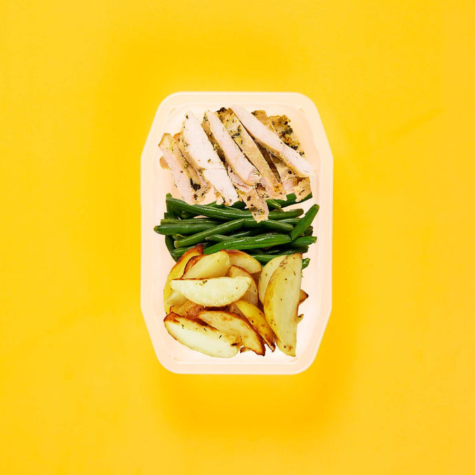 150g Garlic Herb Chicken Breast 100g Green Beans 100g Roast Chat Potato