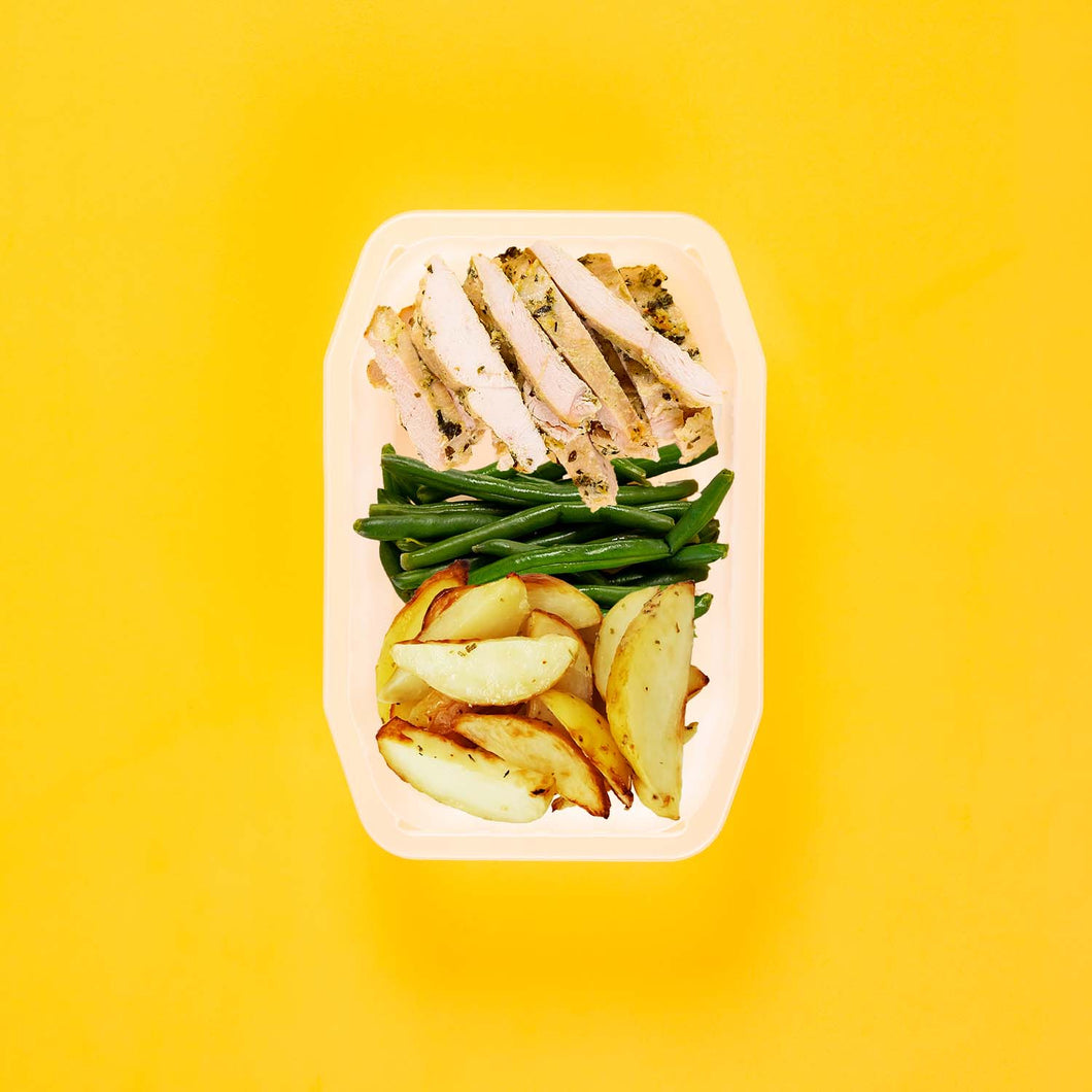 150g Garlic Herb Chicken Breast 100g Green Beans 100g Roast Chat Potato