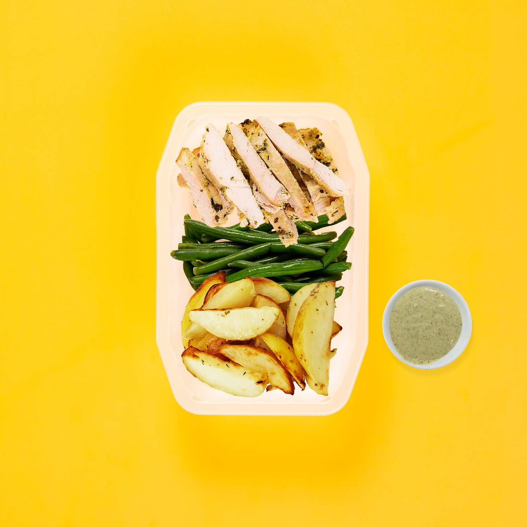 100g Garlic Herb Chicken Breast 100g Green Beans 100g Roast Chat Potato Pesto Cream
