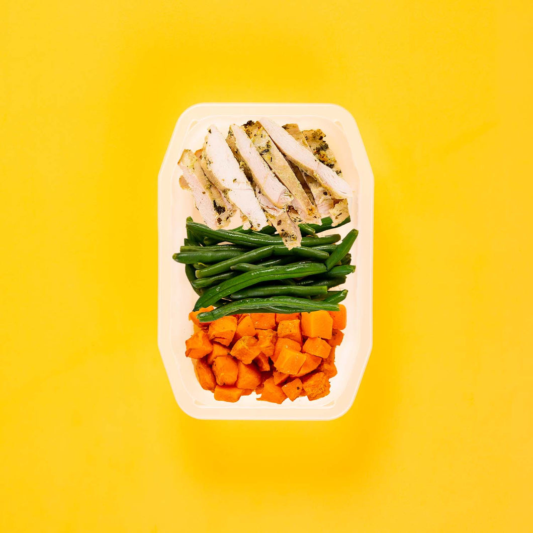 100g Garlic Herb Chicken Breast 100g Green Beans 100g Rosemary Baked Sweet Potato