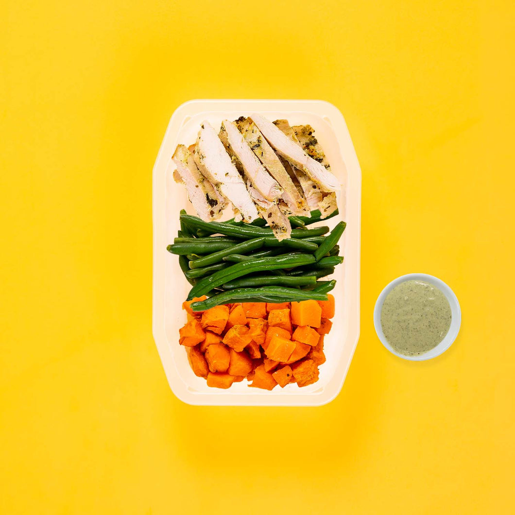 100g Garlic Herb Chicken Breast 50g Green Beans 50g Rosemary Baked Sweet Potato Pesto Cream