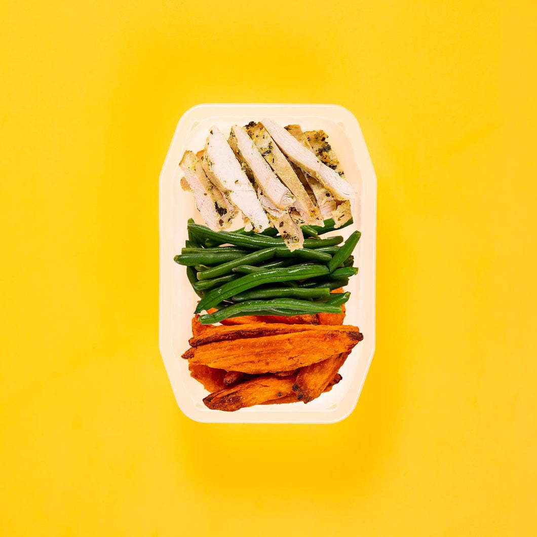 100g Garlic Herb Chicken Breast 100g Green Beans 50g Sweet Potato Wedges