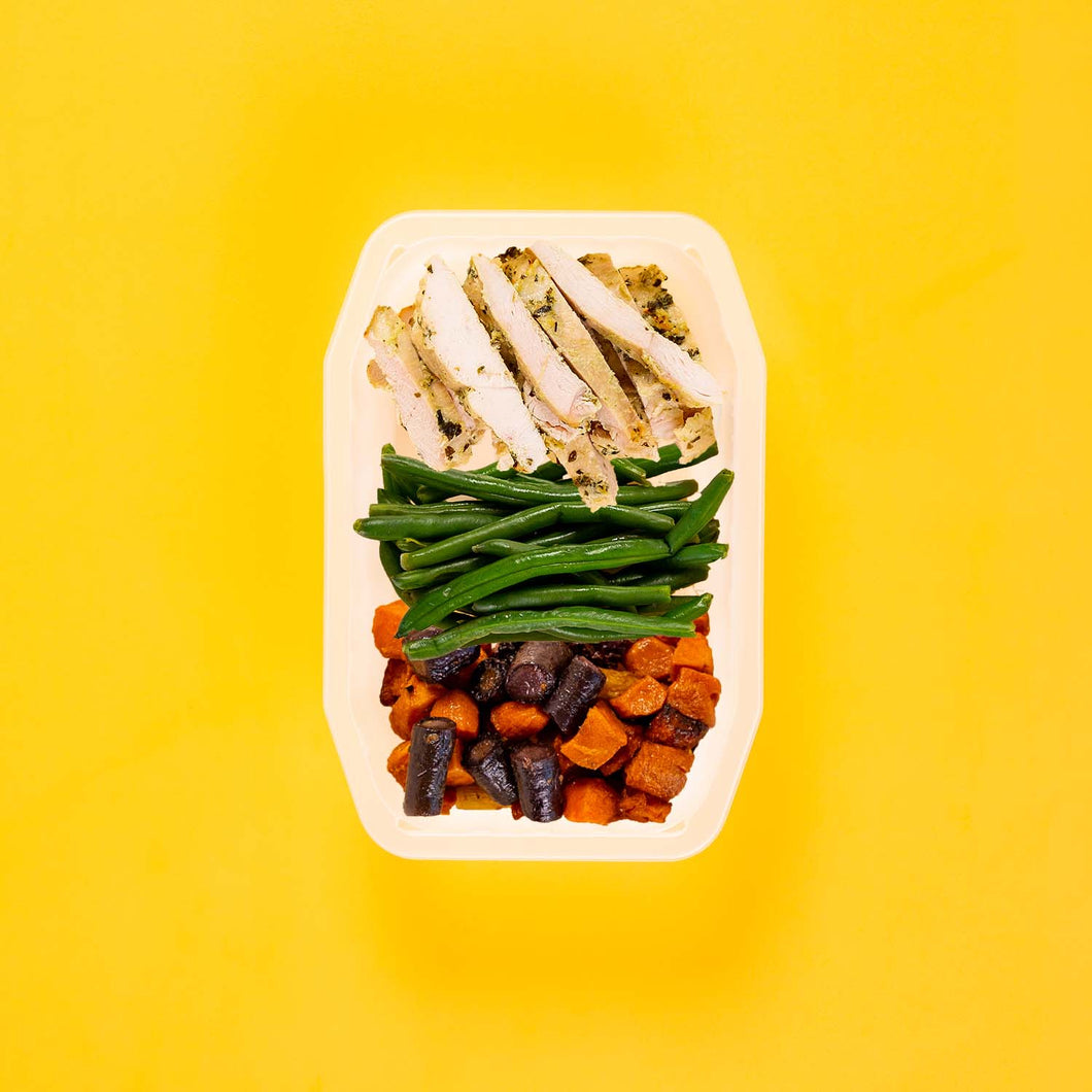 150g Garlic Herb Chicken Breast 50g Green Beans 50g Tri Baked Carrots