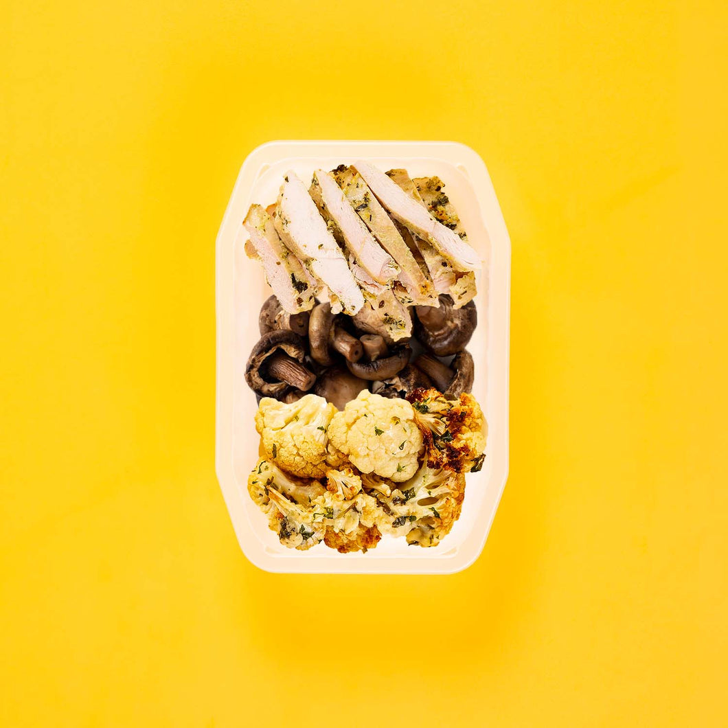 100g Garlic Herb Chicken Breast 100g Mushrooms 100g Parmesan Cauliflower