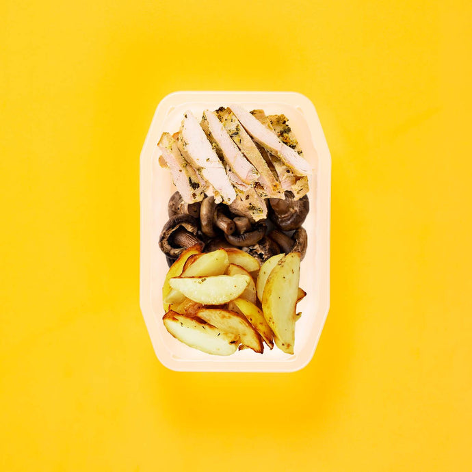 100g Garlic Herb Chicken Breast 50g Mushrooms 50g Roast Chat Potato