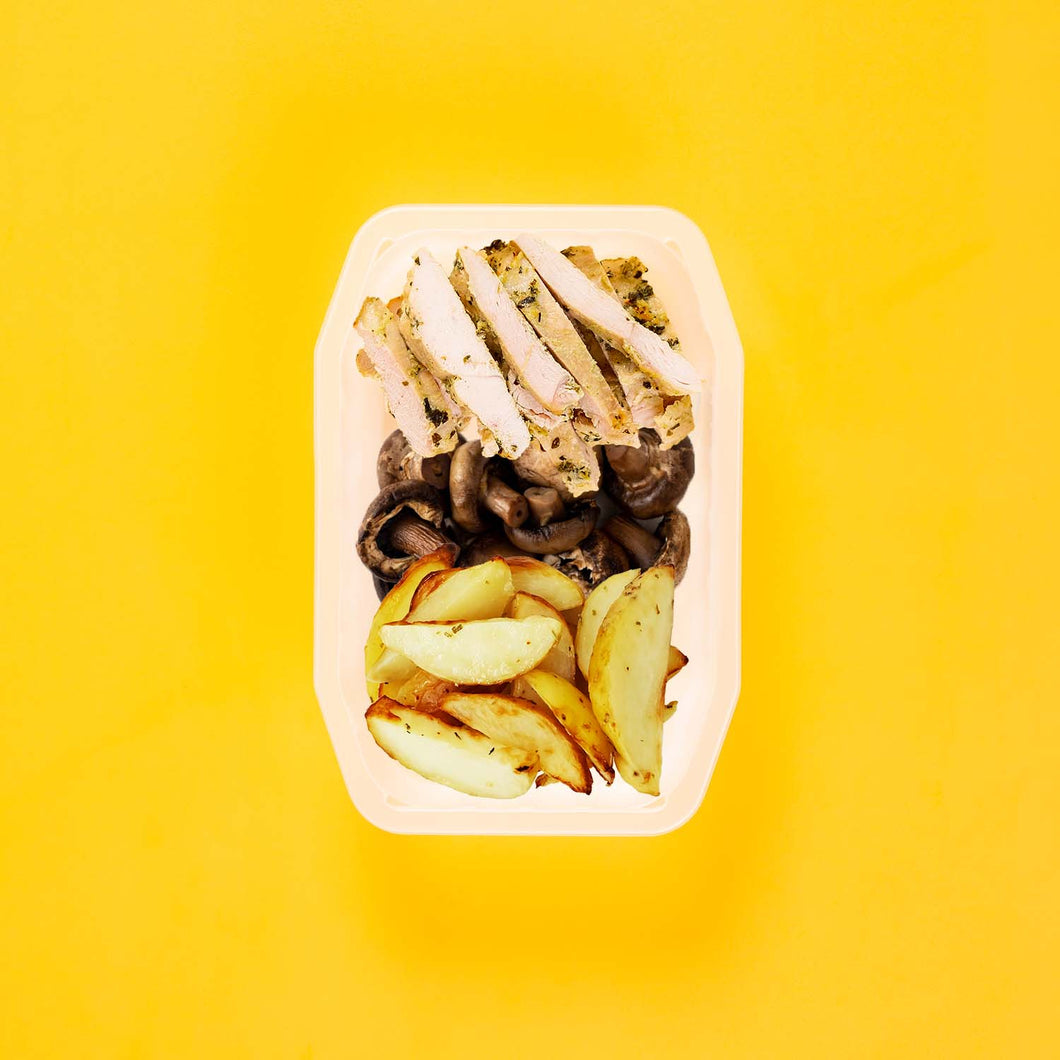 100g Garlic Herb Chicken Breast 100g Mushrooms 100g Roast Chat Potato