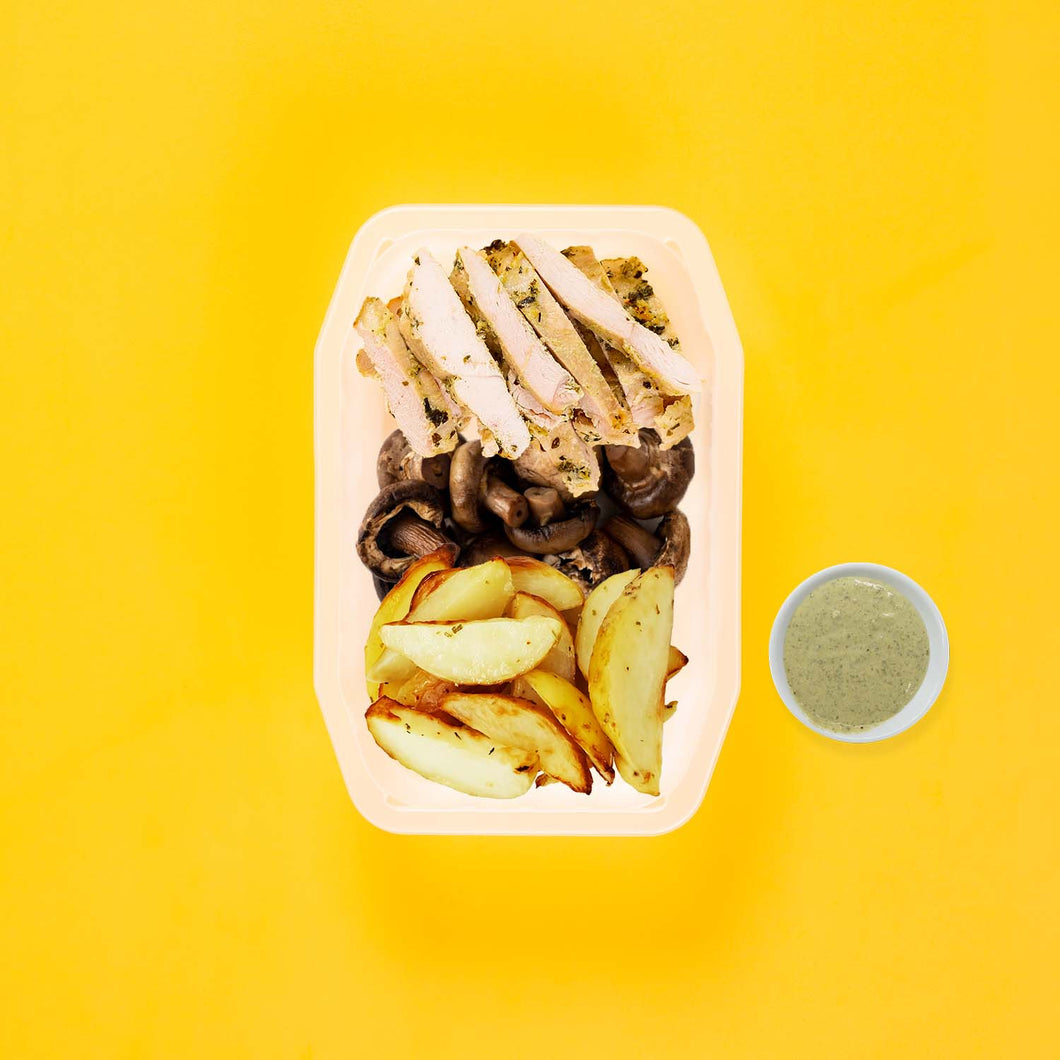 100g Garlic Herb Chicken Breast 50g Mushrooms 50g Roast Chat Potato Pesto Cream