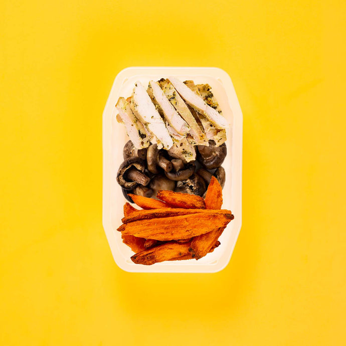 200g Garlic Herb Chicken Breast 50g Mushrooms 100g Sweet Potato Wedges