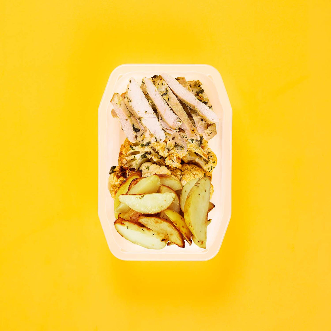 200g Garlic Herb Chicken Breast 150g Parmesan Cauliflower 150g Roast Chat Potato