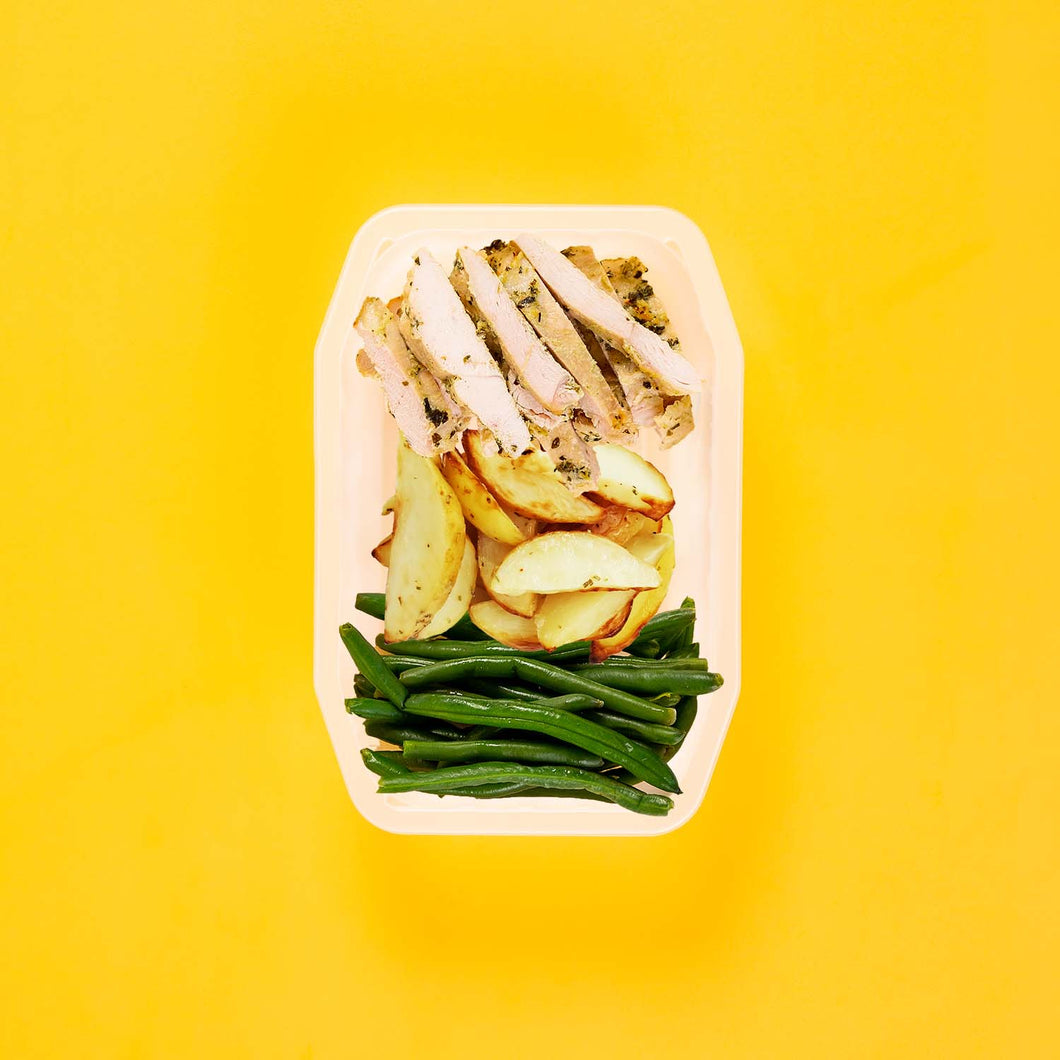 100g Garlic Herb Chicken Breast 100g Roast Chat Potato 100g Green Beans