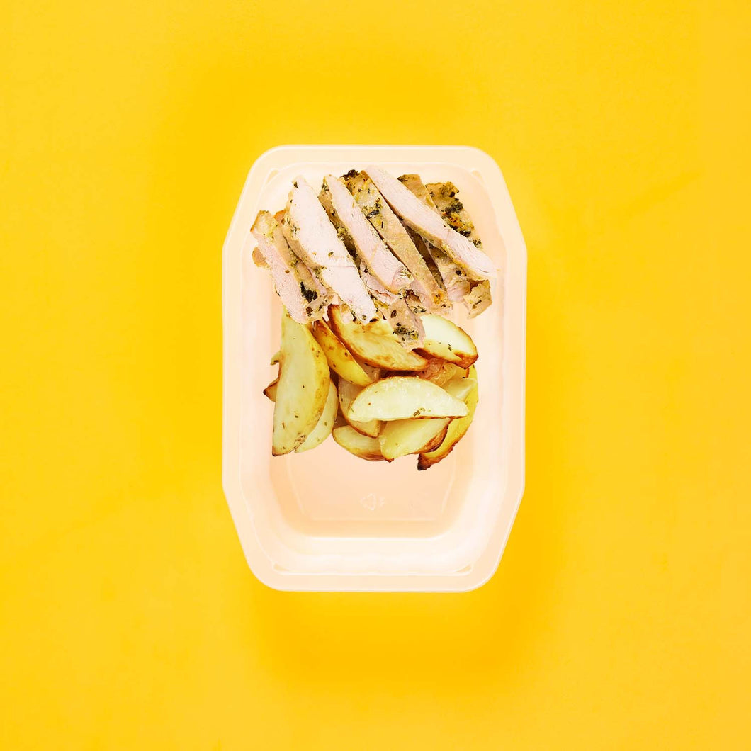 150g Garlic Herb Chicken Breast 100g Roast Chat Potato 100g No Side