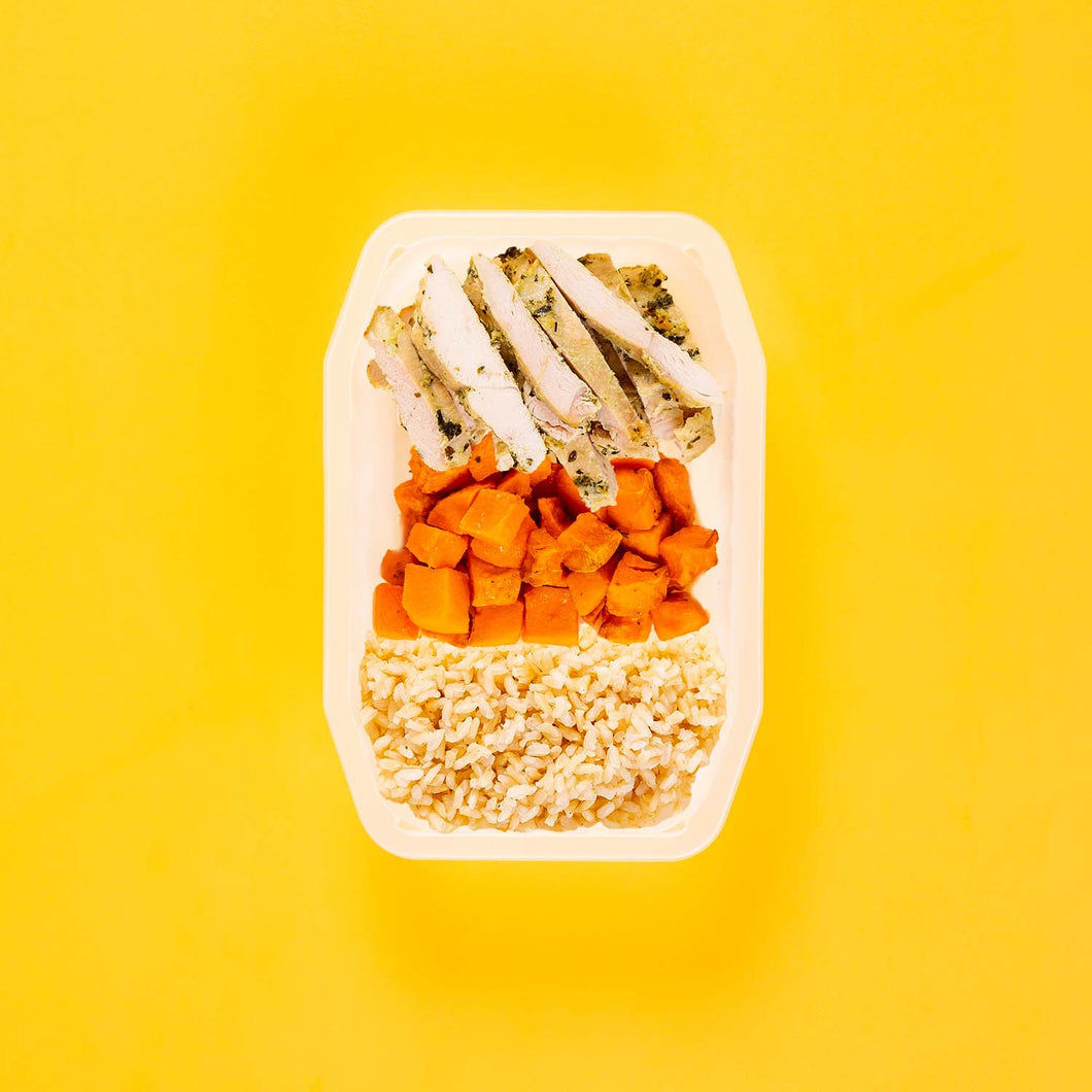 100g Garlic Herb Chicken Breast 100g Rosemary Baked Sweet Potato 100g Brown Rice