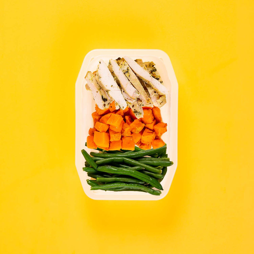 100g Garlic Herb Chicken Breast 100g Rosemary Baked Sweet Potato 100g Green Beans