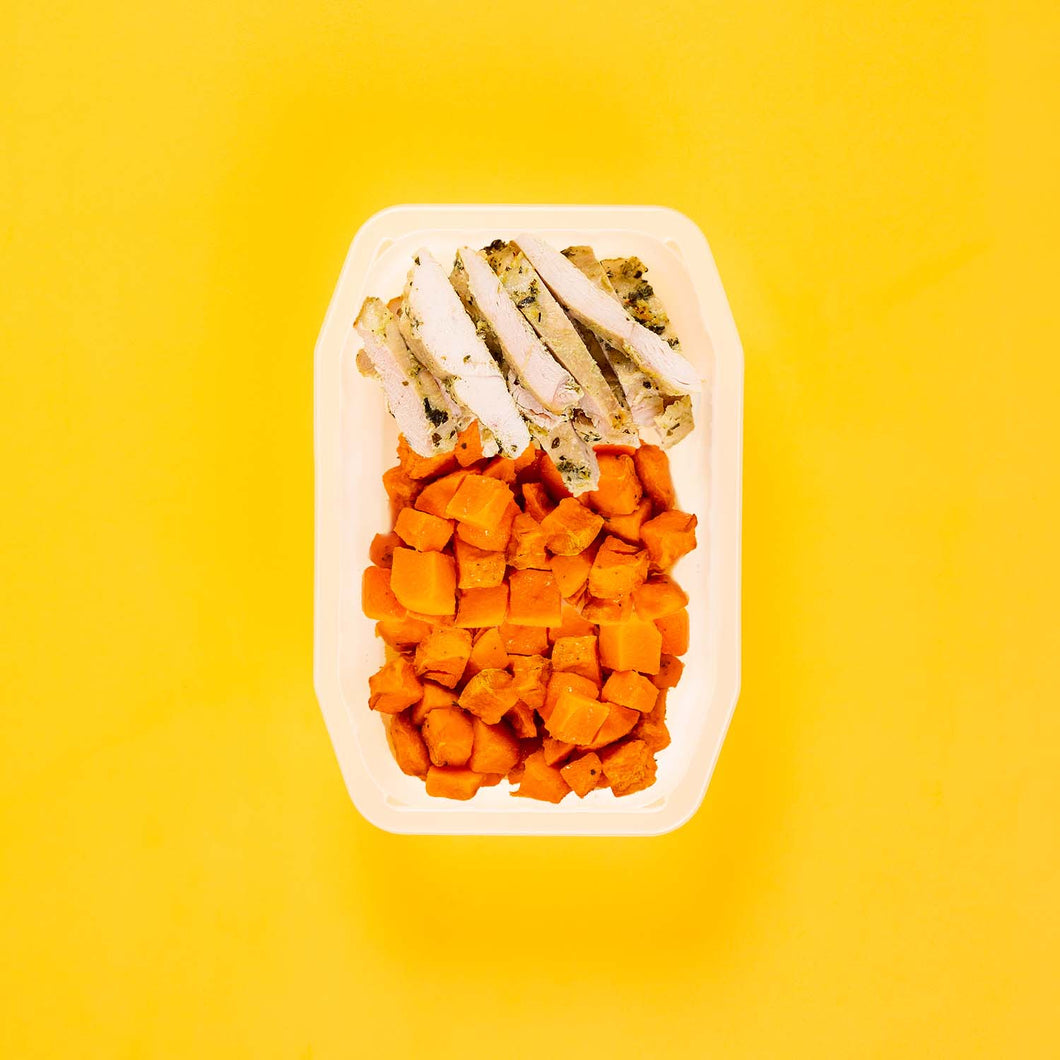 150g Garlic Herb Chicken Breast 100g Rosemary Baked Sweet Potato 100g Rosemary Baked Sweet Potato