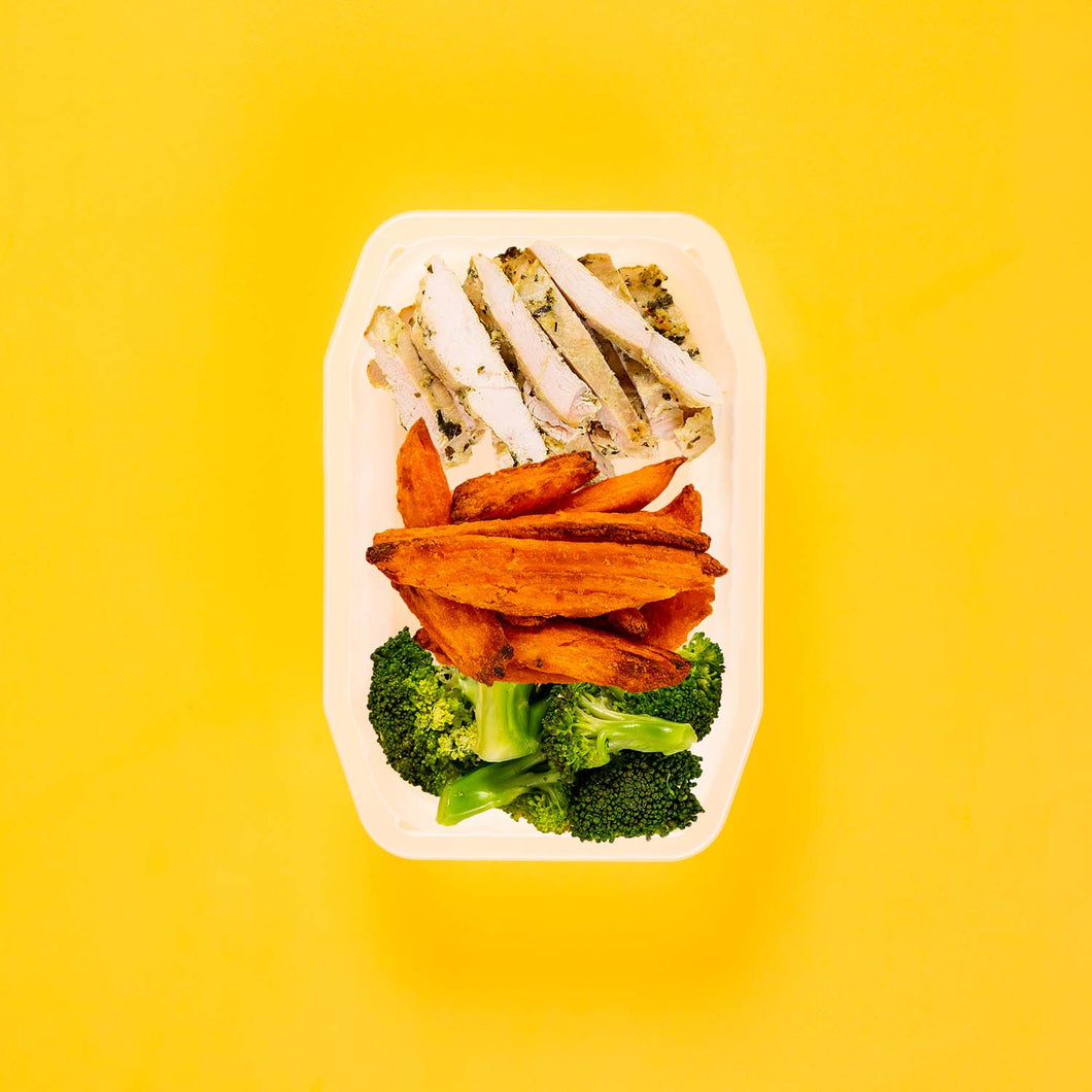 150g Garlic Herb Chicken Breast 100g Sweet Potato Wedges 100g Broccoli
