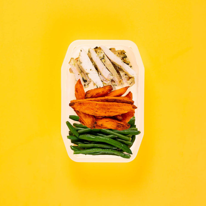 100g Garlic Herb Chicken Breast 100g Sweet Potato Wedges 100g Green Beans