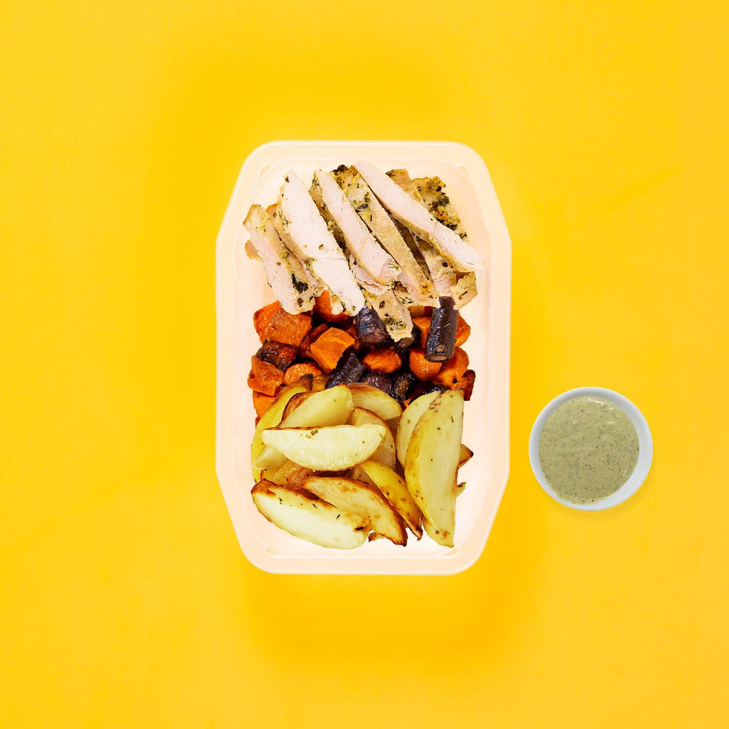 100g Garlic Herb Chicken Breast 100g Tri Baked Carrots 100g Roast Chat Potato Pesto Cream