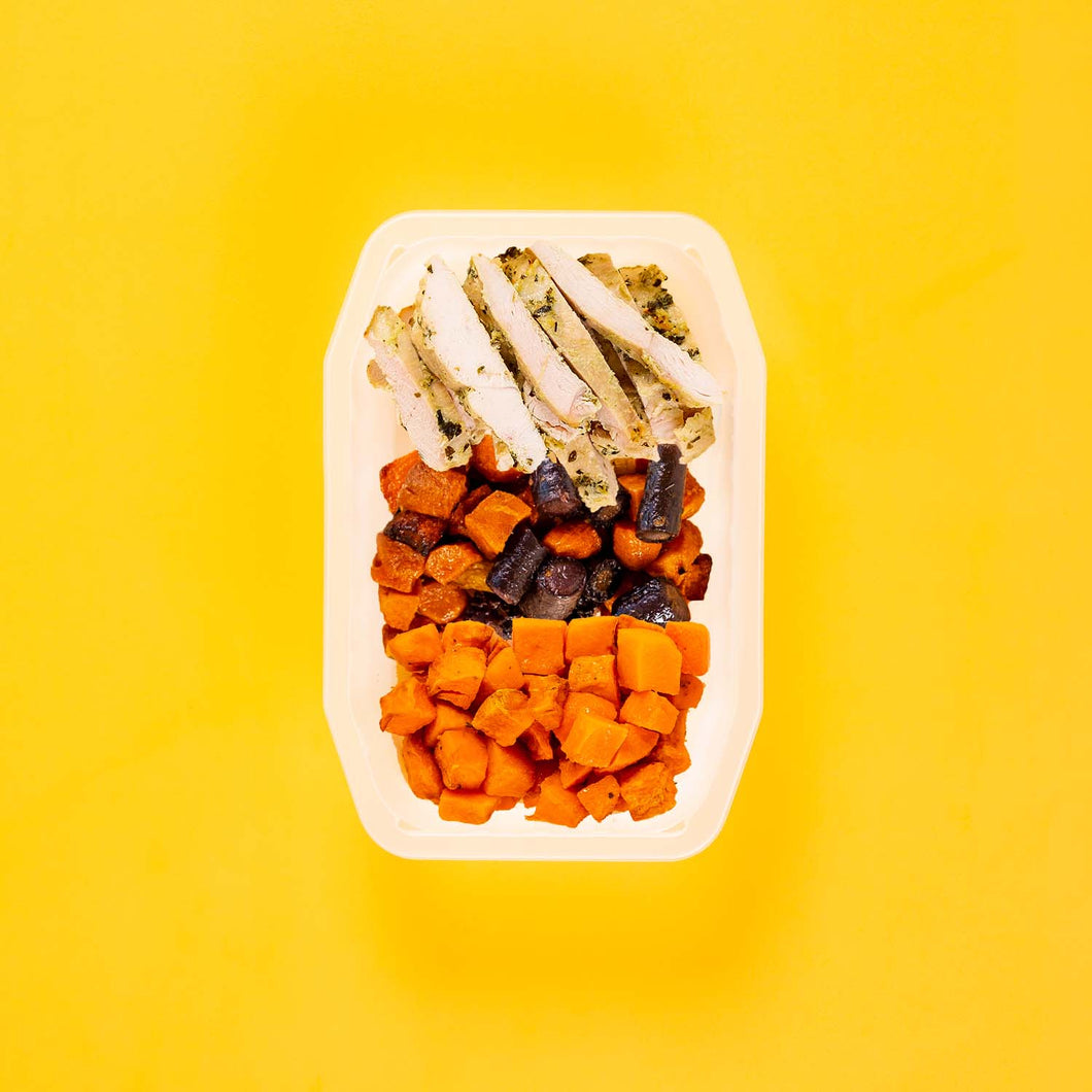 150g Garlic Herb Chicken Breast 100g Tri Baked Carrots 100g Rosemary Baked Sweet Potato