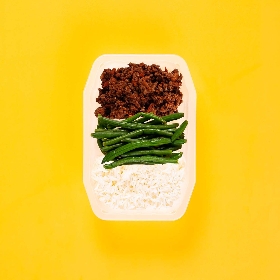 100g Lamb Moussaka 100g Green Beans 50g Basmati Rice