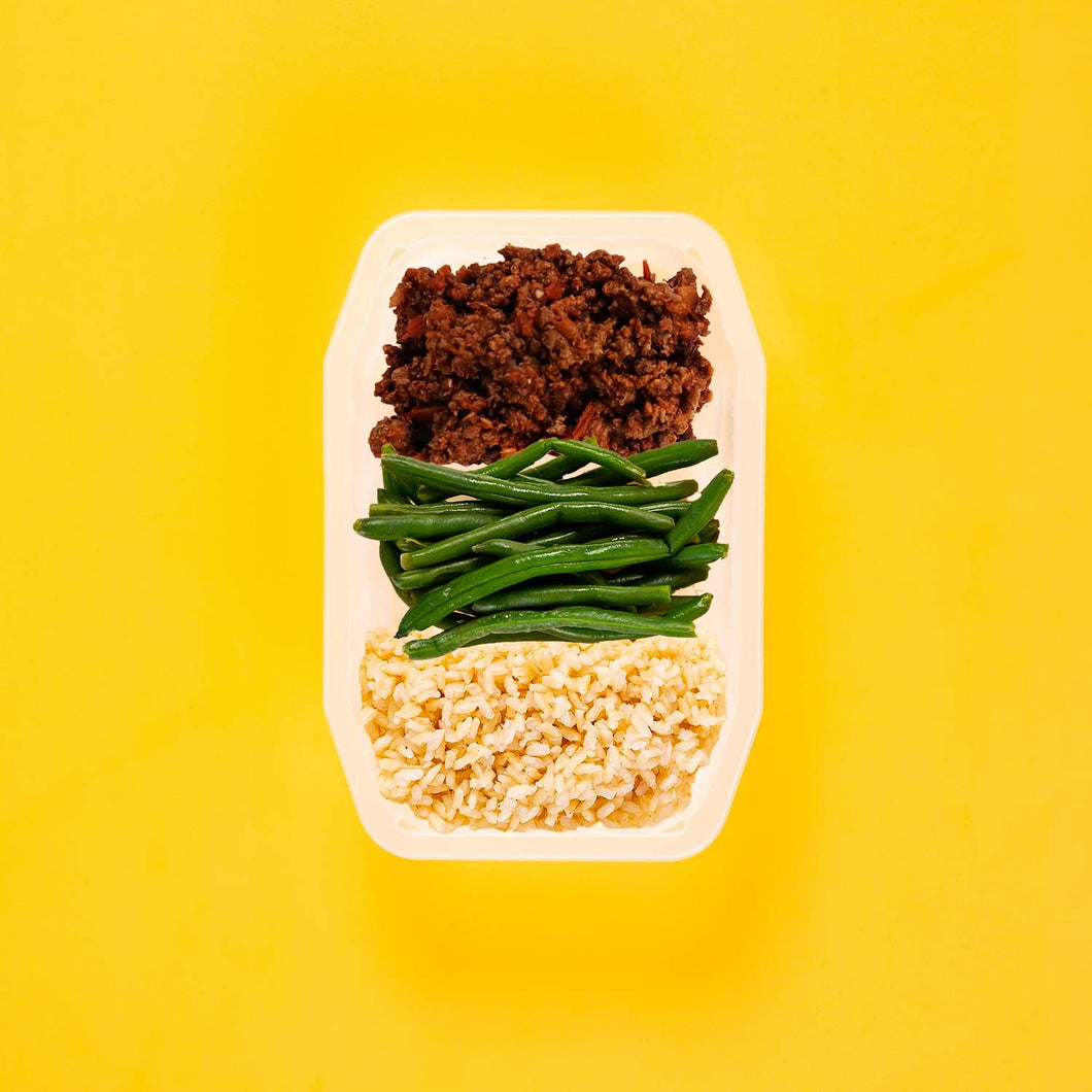 200g Lamb Moussaka 100g Green Beans 100g Brown Rice