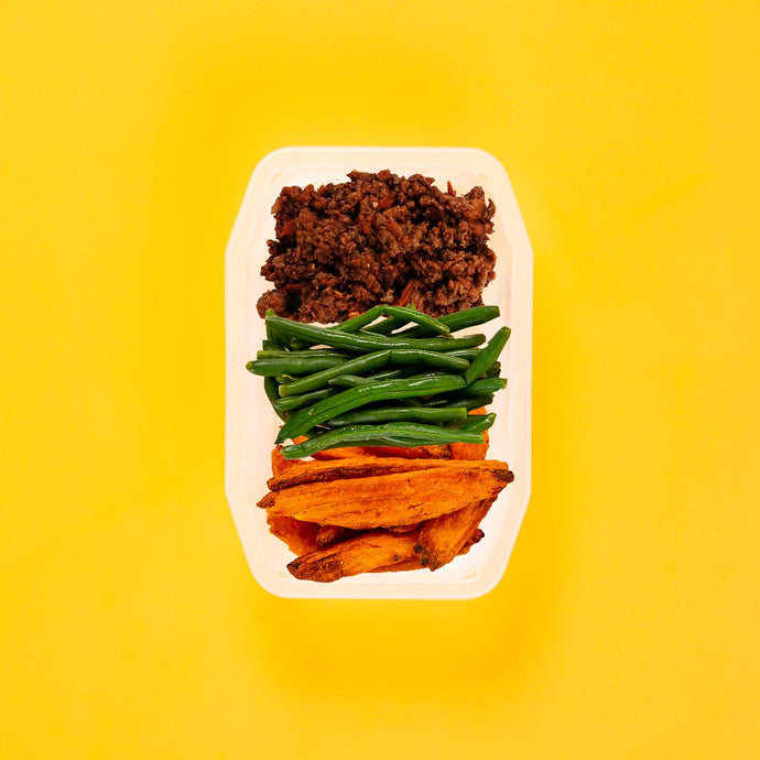 150g Lamb Moussaka 100g Green Beans 100g Sweet Potato Wedges