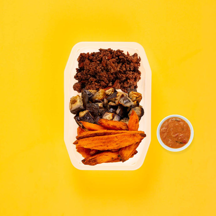 150g Lamb Moussaka 100g Miso Eggplant 100g Sweet Potato Wedges Thai Red Curry