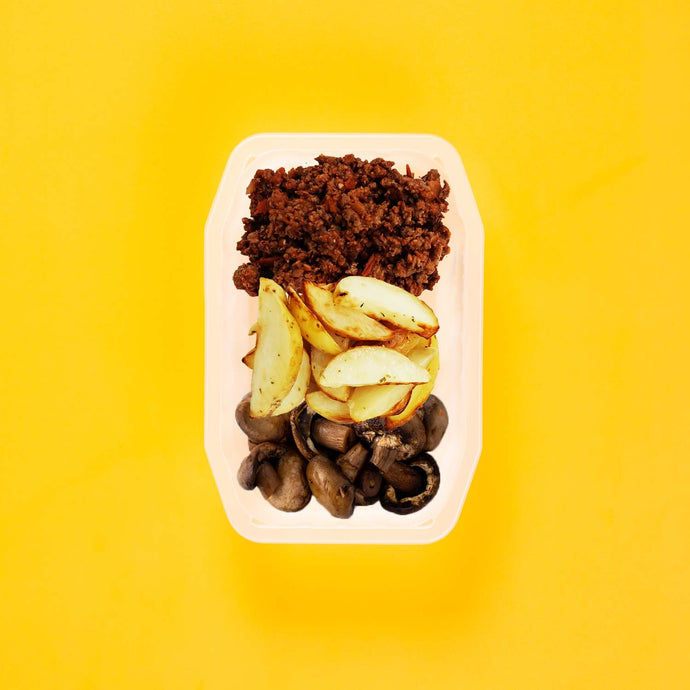 100g Lamb Moussaka 100g Roast Chat Potato 100g Mushrooms