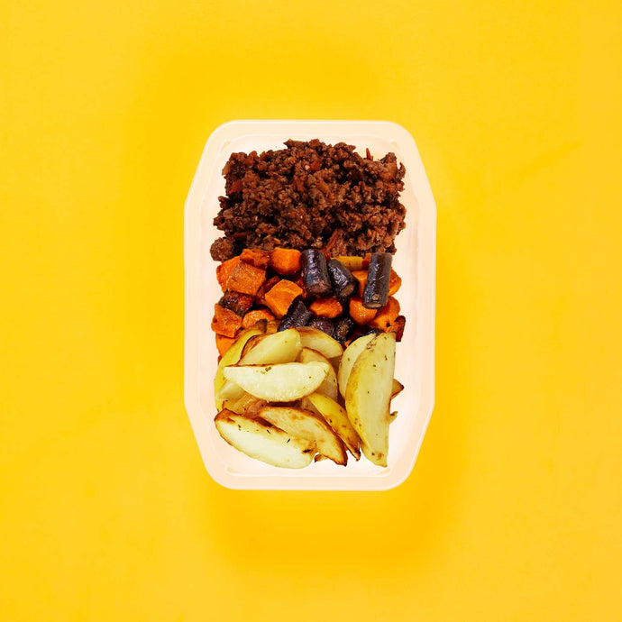 150g Lamb Moussaka 100g Tri Baked Carrots 100g Roast Chat Potato