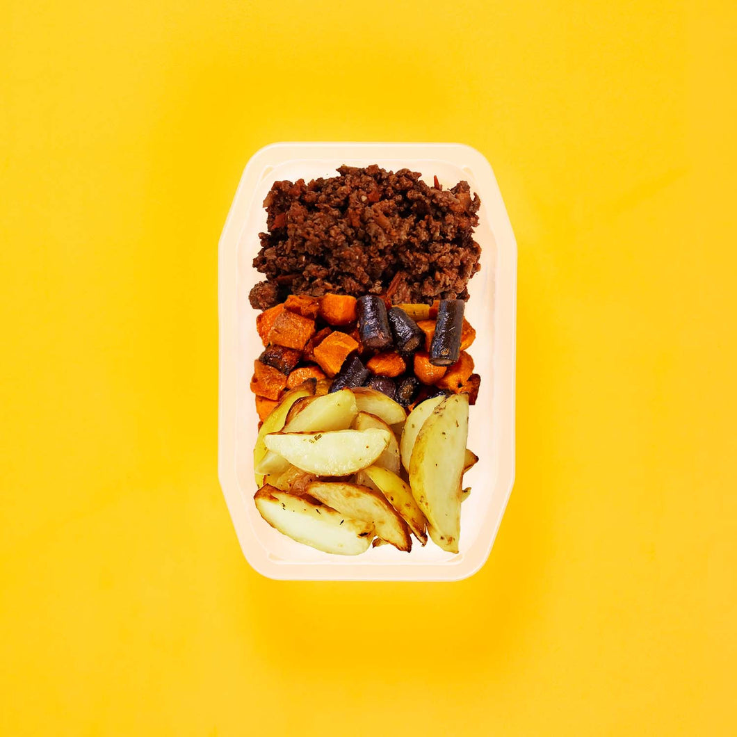 150g Lamb Moussaka 100g Tri Baked Carrots 100g Roast Chat Potato