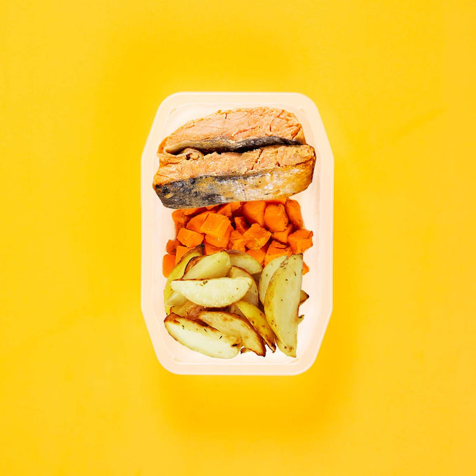 100g Miso Salmon 100g Rosemary Baked Sweet Potato 100g Roast Chat Potato