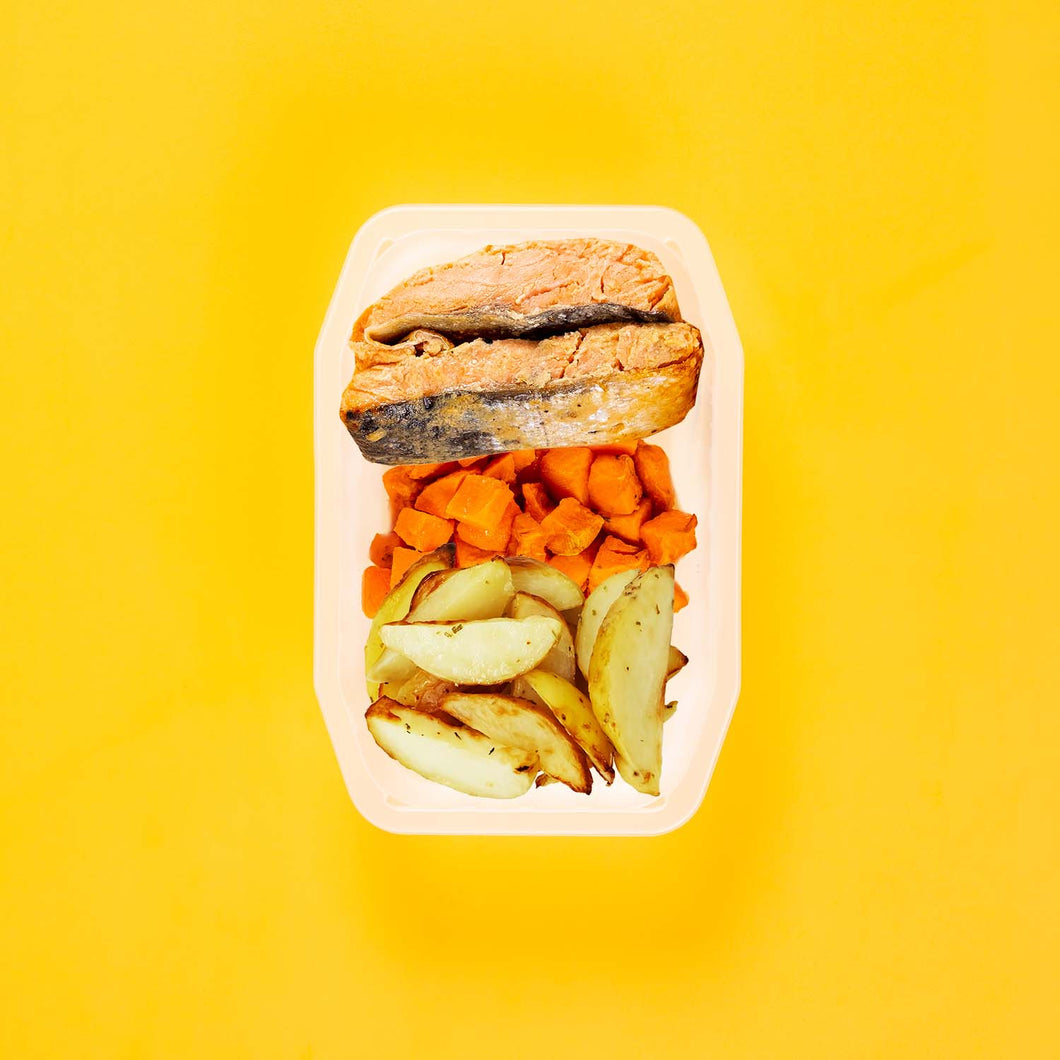 100g Miso Salmon 100g Rosemary Baked Sweet Potato 100g Roast Chat Potato