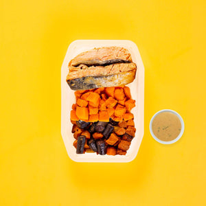 200g Miso Salmon 150g Rosemary Baked Sweet Potato 150g Tri Baked Carrots Satay Sauce