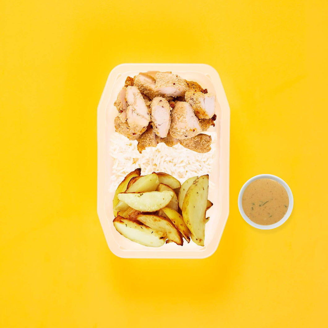 100g Quinoa Chicken Tenders 100g Basmati Rice 100g Roast Chat Potato Satay Sauce