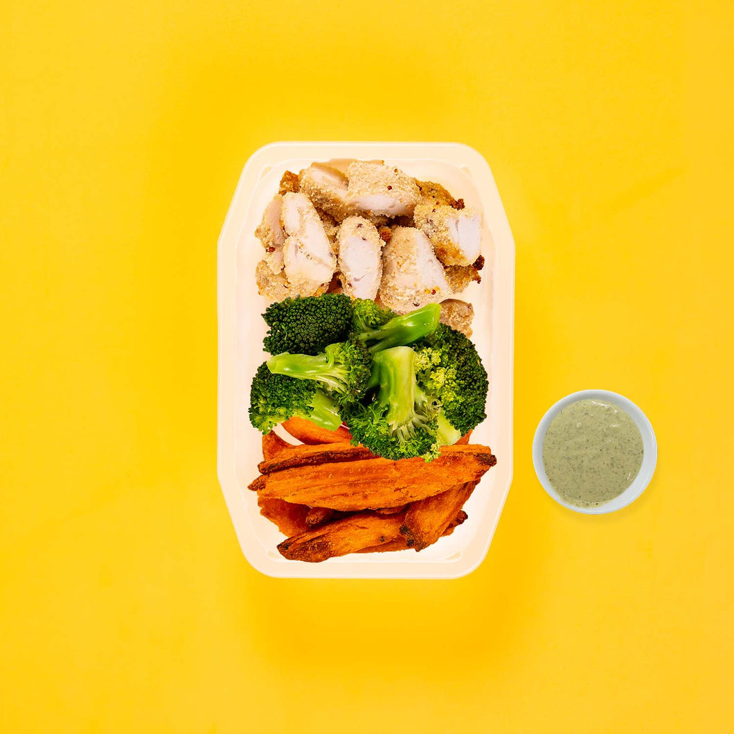 100g Quinoa Chicken Tenders 100g Broccoli 100g Sweet Potato Wedges Pesto Cream
