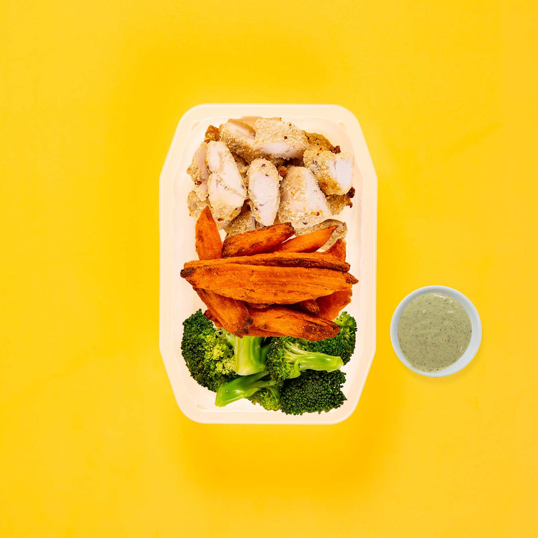 100g Quinoa Chicken Tenders 100g Sweet Potato Wedges 100g Broccoli Pesto Cream