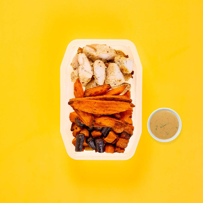 100g Quinoa Chicken Tenders 100g Sweet Potato Wedges 100g Tri Baked Carrots Satay Sauce